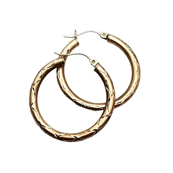 10K Yellow Gold Etched Design 1 Inch Hoop Pierced Earrings - Picture 1 of 6
